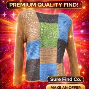 NWT Vintage Crochet Colorblock Boho Retro Sweater Women's Large Tan Blue Green